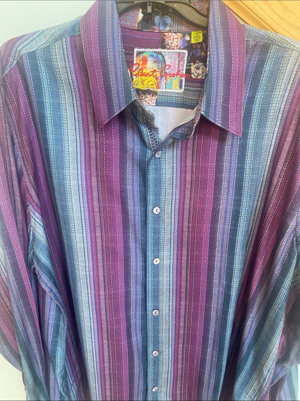 Robert Graham XXL Purple and Blue Striped Button-Down Shirt floral yoke cuffs